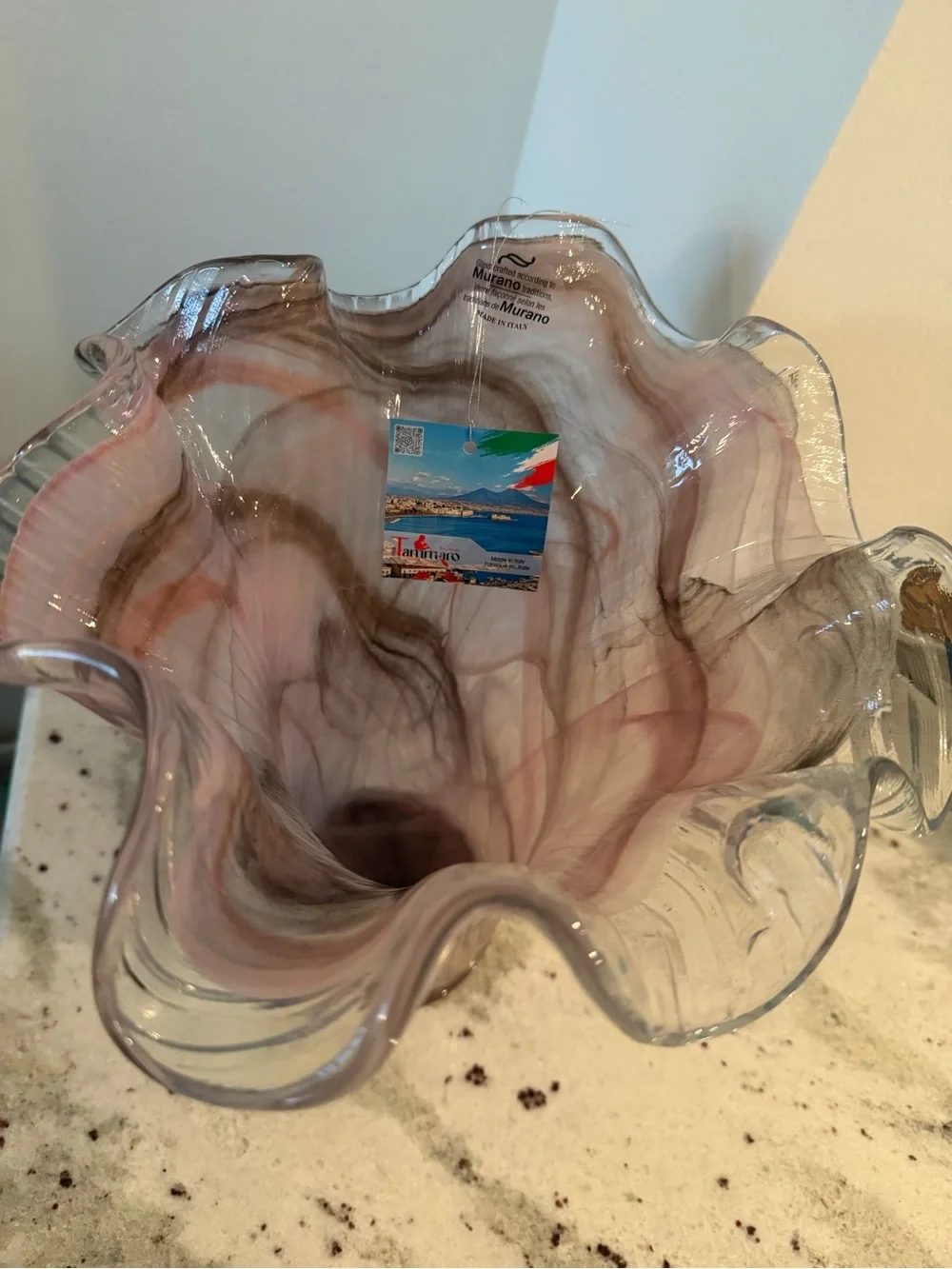 Murano Pink and Clear Swirl Ruffled Glass Vase